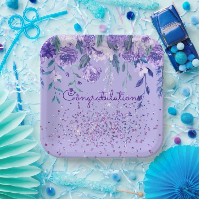 Purple Flowers and Glitter Paper Plates (Party)