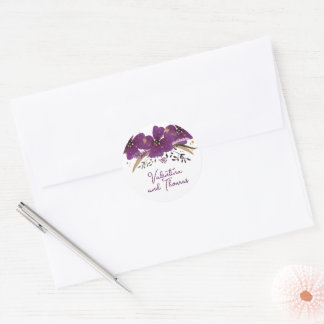 Purple Flowers and Gold Glitter Classic Round Sticker