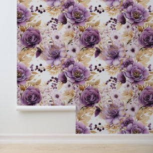 Purple Flowers And Gold Leaves Peel And Stick Wallpaper