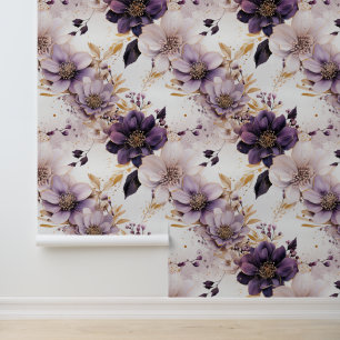 Purple Flowers And Gold Leaves Peel And Stick Wallpaper