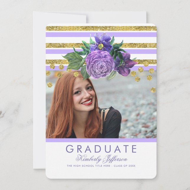 Purple Flowers and Gold Stripes Elegant Graduation Invitation (Front)