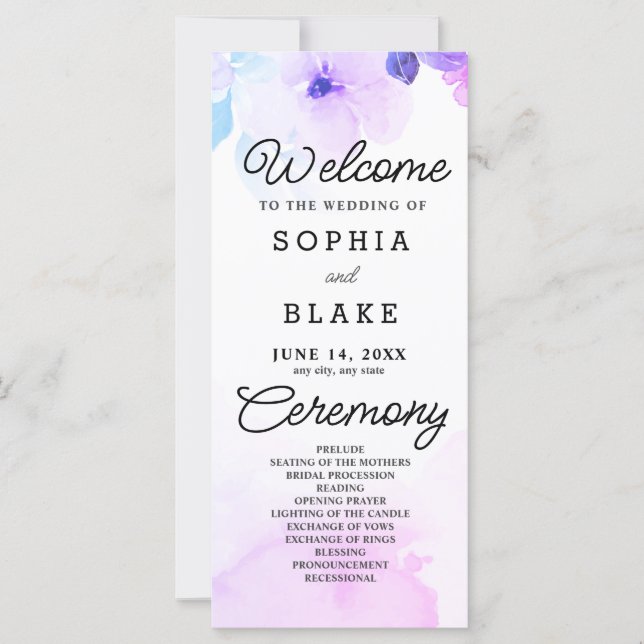 Purple Flowers and Greenery White Wedding Program (Front)