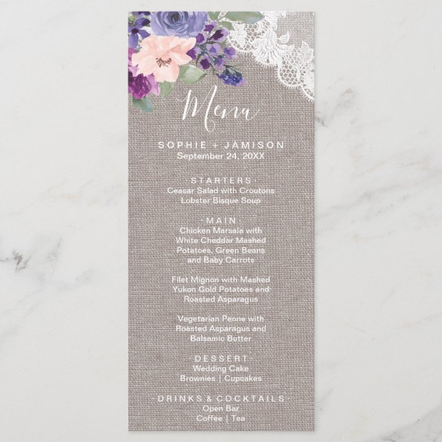 Purple Flowers and Lace Dinner Menu Card (Front)