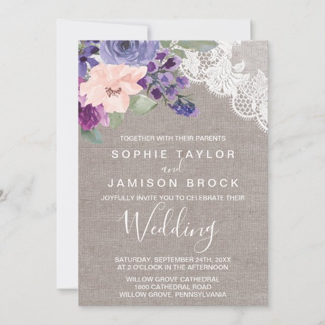 Purple Flowers and Lace Wedding Invitation (Front)