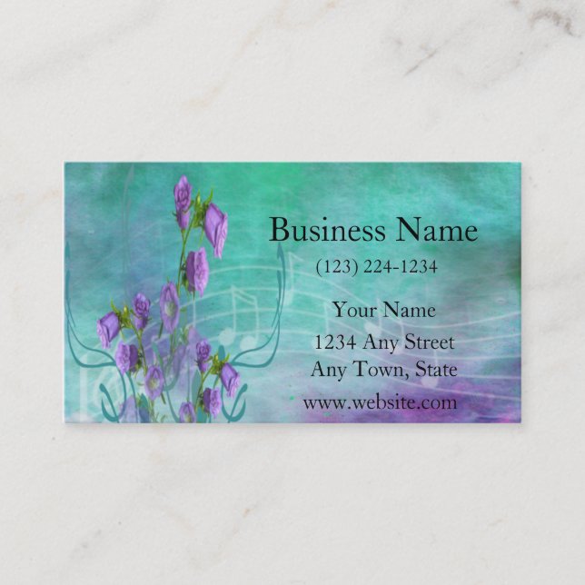 Purple Flowers and Musical Notes Business Card (Front)