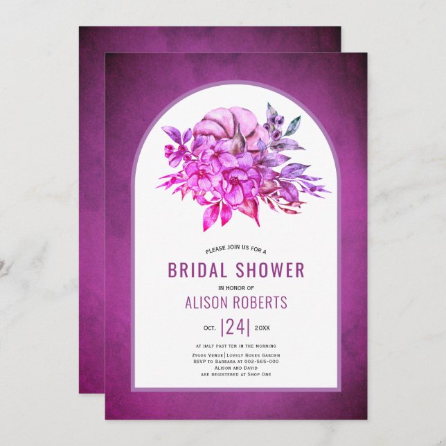 Purple flowers and pumpkin fall bridal shower invitation (Front/Back)