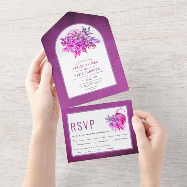 Purple flowers and pumpkin fall wedding all in one all in one invitation (Tearaway)