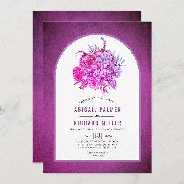 Purple flowers and pumpkins fall wedding invitation (Front/Back)