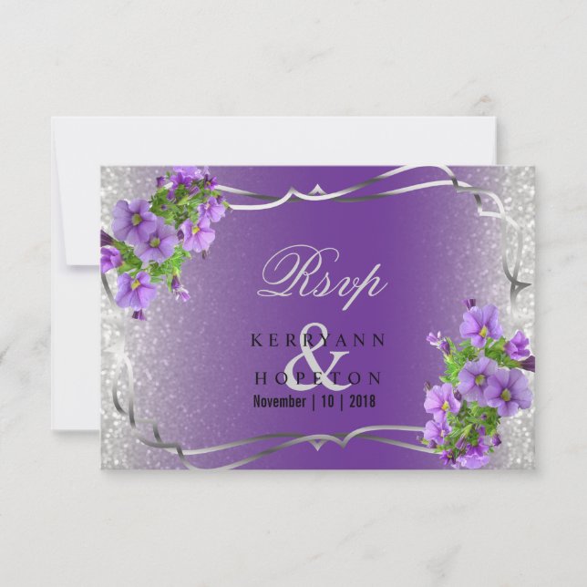 Purple Flowers and Silver Glitter - Rsvp Card (Front)