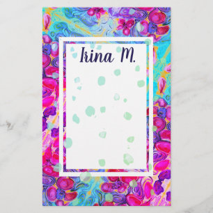 Purple Flowers and Turquoise Petals Fantasy Stationery