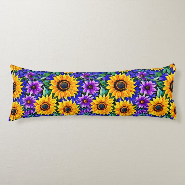 Purple Flowers and Yellow Sunflowers Floral Body Cushion (Front)