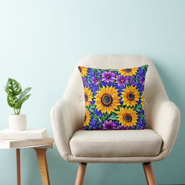 Purple Flowers and Yellow Sunflowers Floral Cushion (Chair)