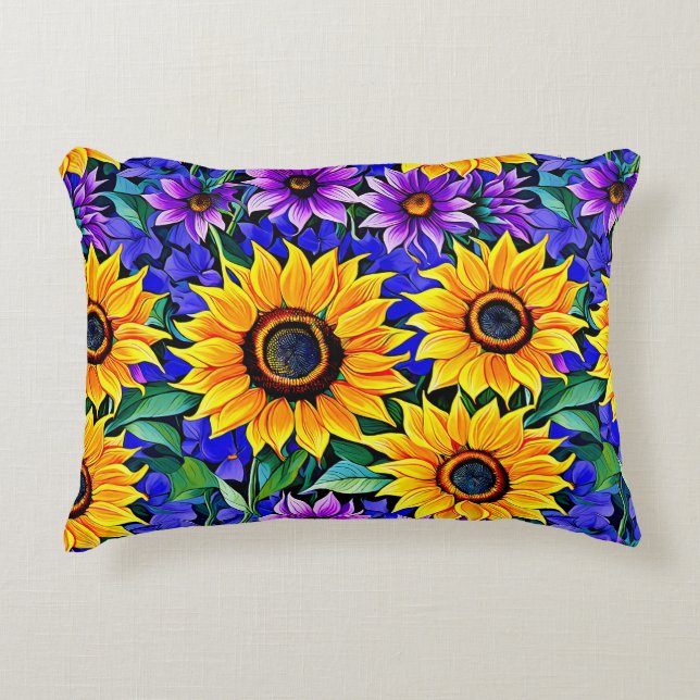 Purple Flowers and Yellow Sunflowers Floral Decorative Cushion (Front)