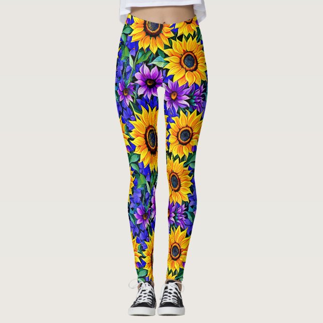 Purple Flowers and Yellow Sunflowers Floral Leggings (Front)