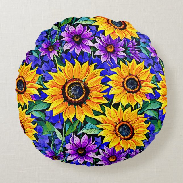 Purple Flowers and Yellow Sunflowers Floral Round Cushion (Front)