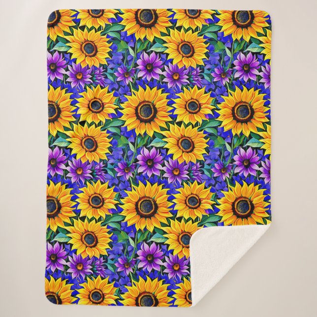 Purple Flowers and Yellow Sunflowers Floral Sherpa Blanket (Front)