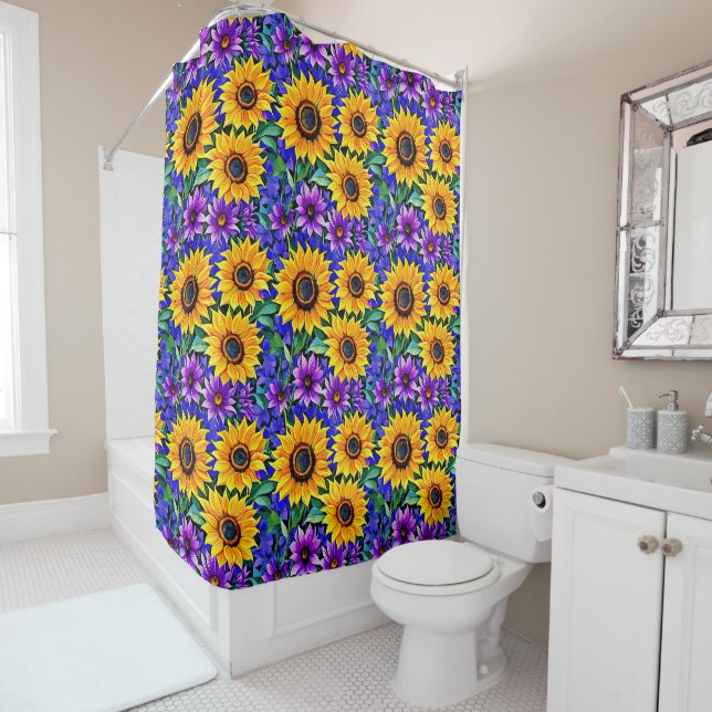 Purple Flowers and Yellow Sunflowers Floral Shower Curtain (In Situ)