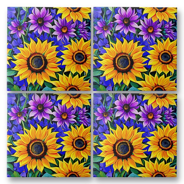 Purple Flowers and Yellow Sunflowers Floral Tile (Creator Uploaded)