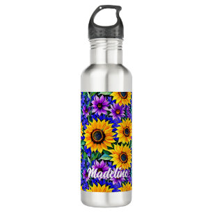 Purple Flowers and Yellow Sunflowers Personalised 710 Ml Water Bottle