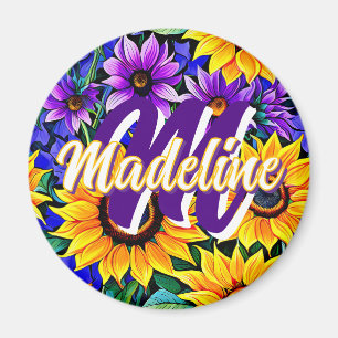 Purple Flowers and Yellow Sunflowers Personalised Magnet