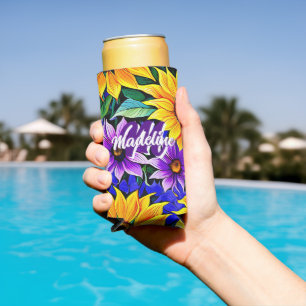 Purple Flowers and Yellow Sunflowers Personalised Seltzer Can Cooler