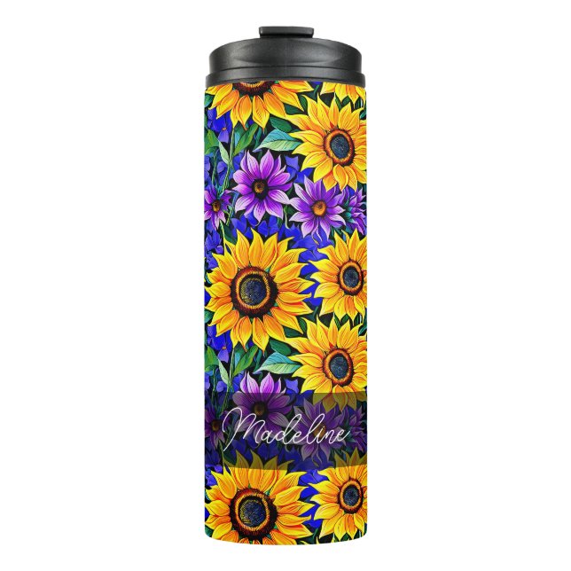 Purple Flowers and Yellow Sunflowers Personalised Thermal Tumbler (Front)