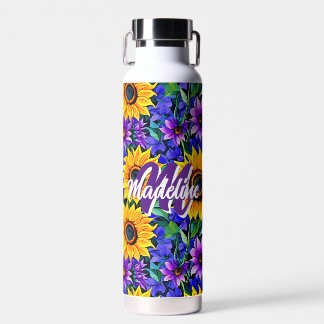 Purple Flowers and Yellow Sunflowers Personalised Water Bottle