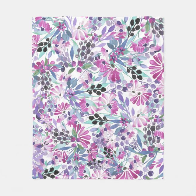Purple Flowers & Berries: Watercolor Fleece Blanket (Front)
