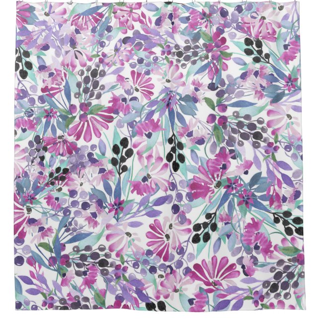 Purple Flowers & Berries: Watercolor Shower Curtain (Front)