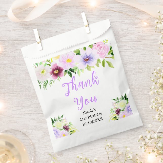 Purple Flowers Birthday Thank You Favour Bags (Clipped)