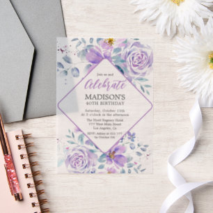 Purple Flowers Birthday  Vellum Invitations