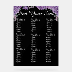 Purple Flowers Black Find Your Seat Wedding Seatin Acrylic Sign