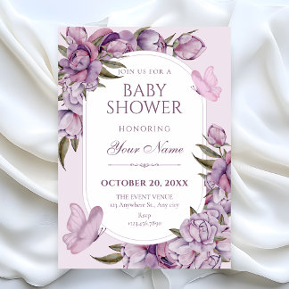 Purple flowers bloom baby shower invitation