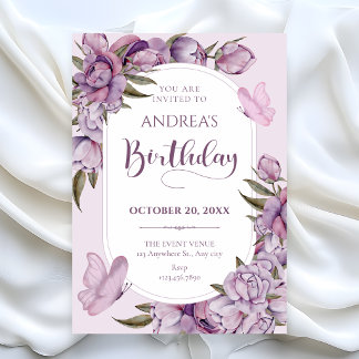 Purple flowers bloom birthday invitation