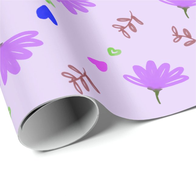 Purple Flowers Blue Hearts Wrapping Paper (Roll Corner)