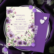 Purple flowers, butterflies, RSVP QR code wedding