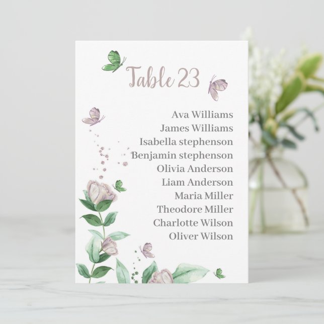 purple flowers butterflies seating chart card (Standing Front)