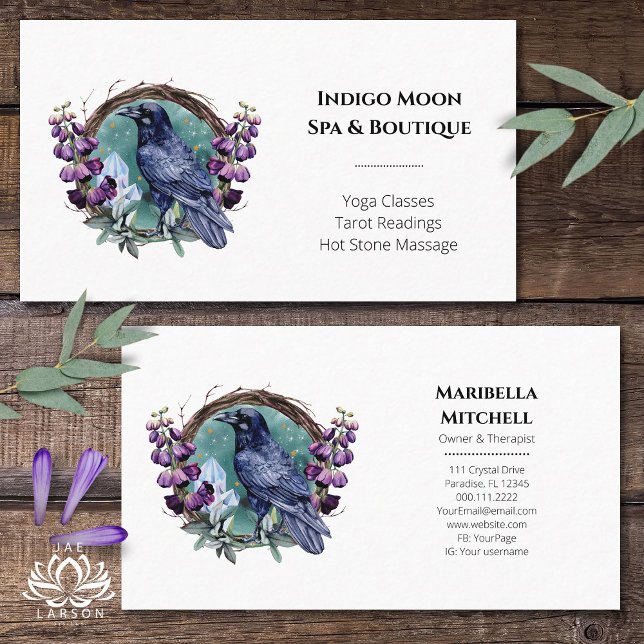 Purple Flowers Celestial Raven Crystals Wreath  Business Card (Creator Uploaded)