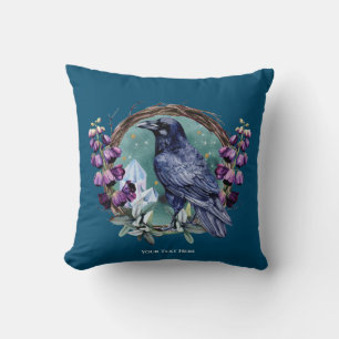 Purple Flowers Celestial Raven Crystals Wreath Cushion