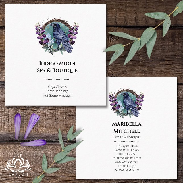 Purple Flowers Celestial Raven Crystals Wreath  Square Business Card (Creator Uploaded)
