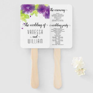 Purple flowers cursive script wedding program hand fan