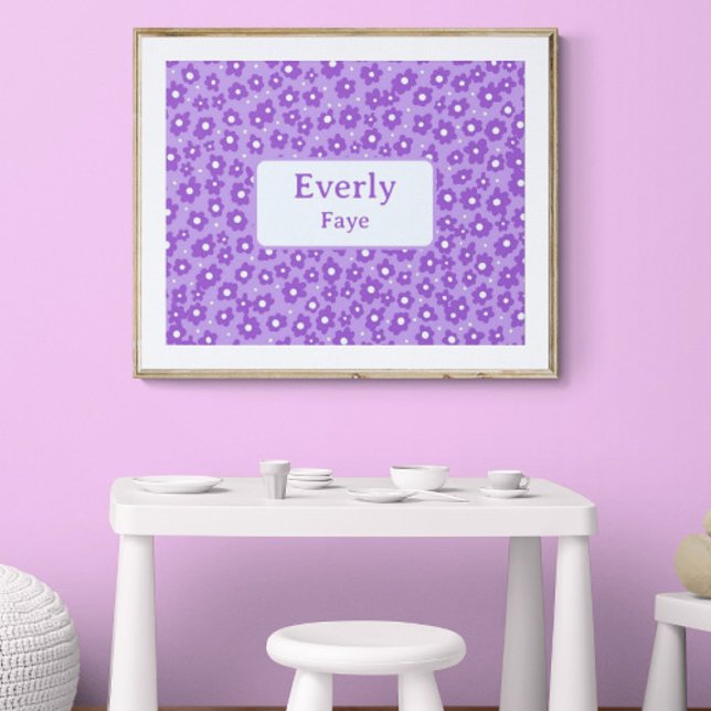 Purple Flowers Custom Name Kids Room Nursery Art Poster (Customize the name. Shown with white mat and gold frame. You will receive print only. Thank you!)