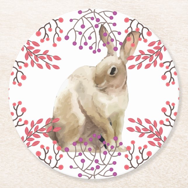 Purple Flowers Easter Bunny Round Paper Coaster (Front)