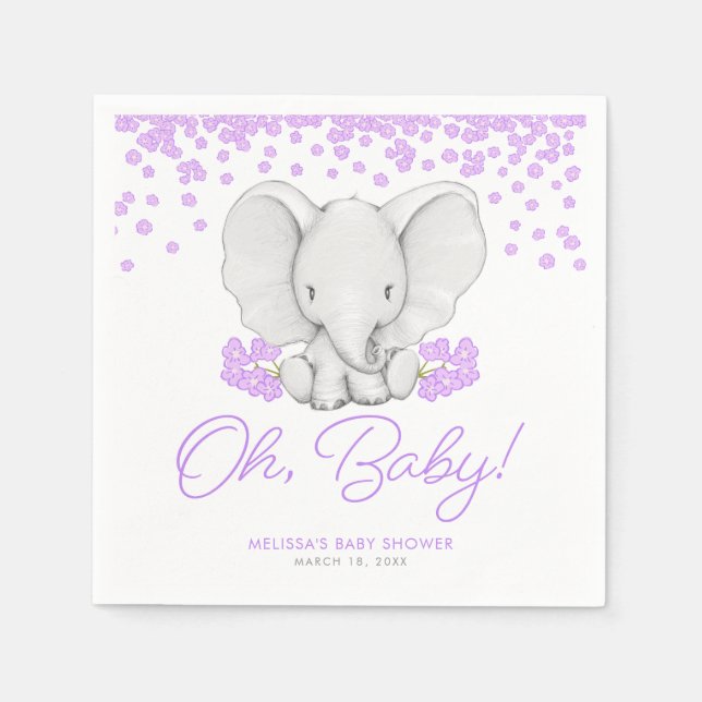 Purple Flowers Elephant Girl Baby Shower Napkin (Front)