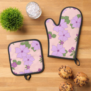 Purple Flowers, Floral Pattern, Pattern Of Flowers Oven Mitt & Pot Holder Set