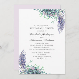 Purple flowers. Floral rehearsal dinner. Lavender Invitation