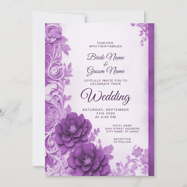 Purple Flowers Flourish Wedding Invitation (Front)