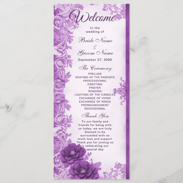 Purple Flowers Flourish Wedding Program Programme (Front)