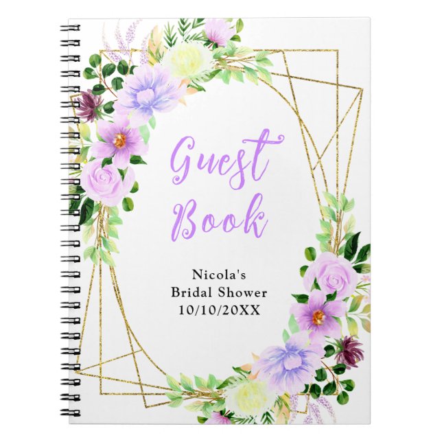 Purple Flowers Foliage Bridal Shower Guest Book (Front)