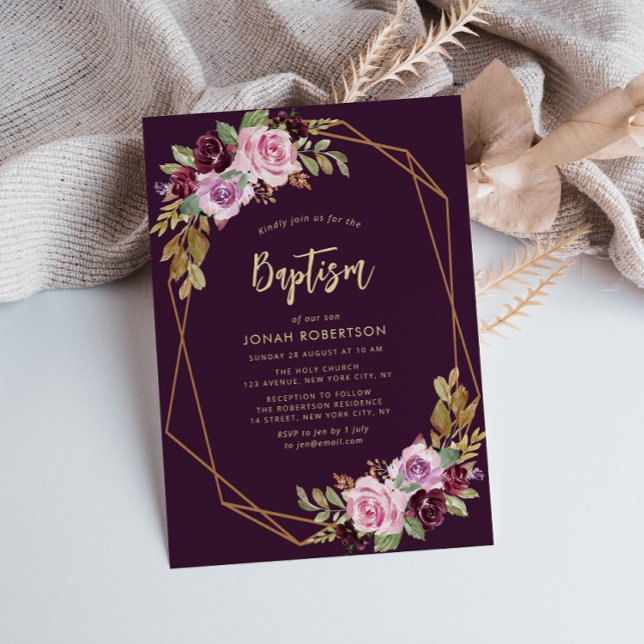 purple flowers frame baptism invitation (Creator Uploaded)